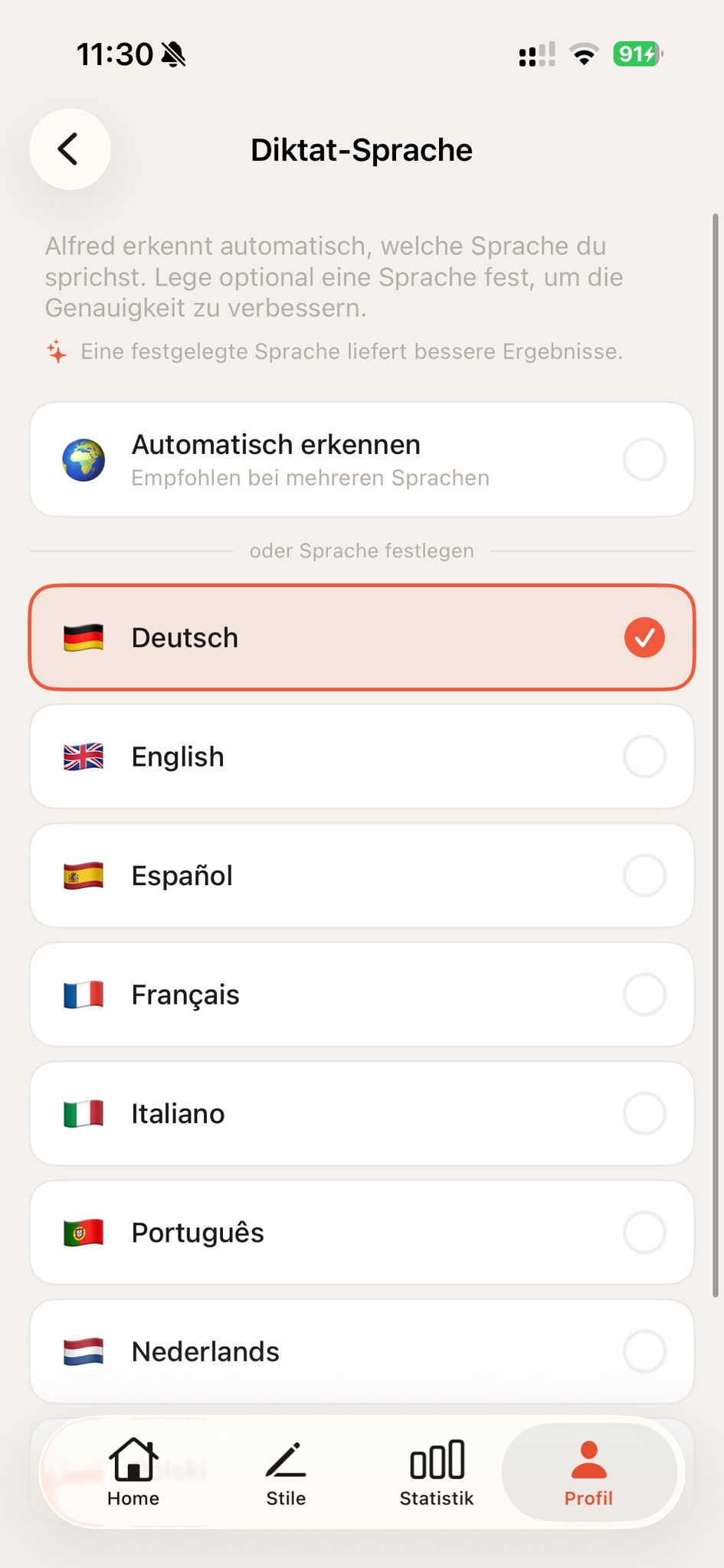 Diktat-Sprache: 8 Sprachen zur Auswahl
