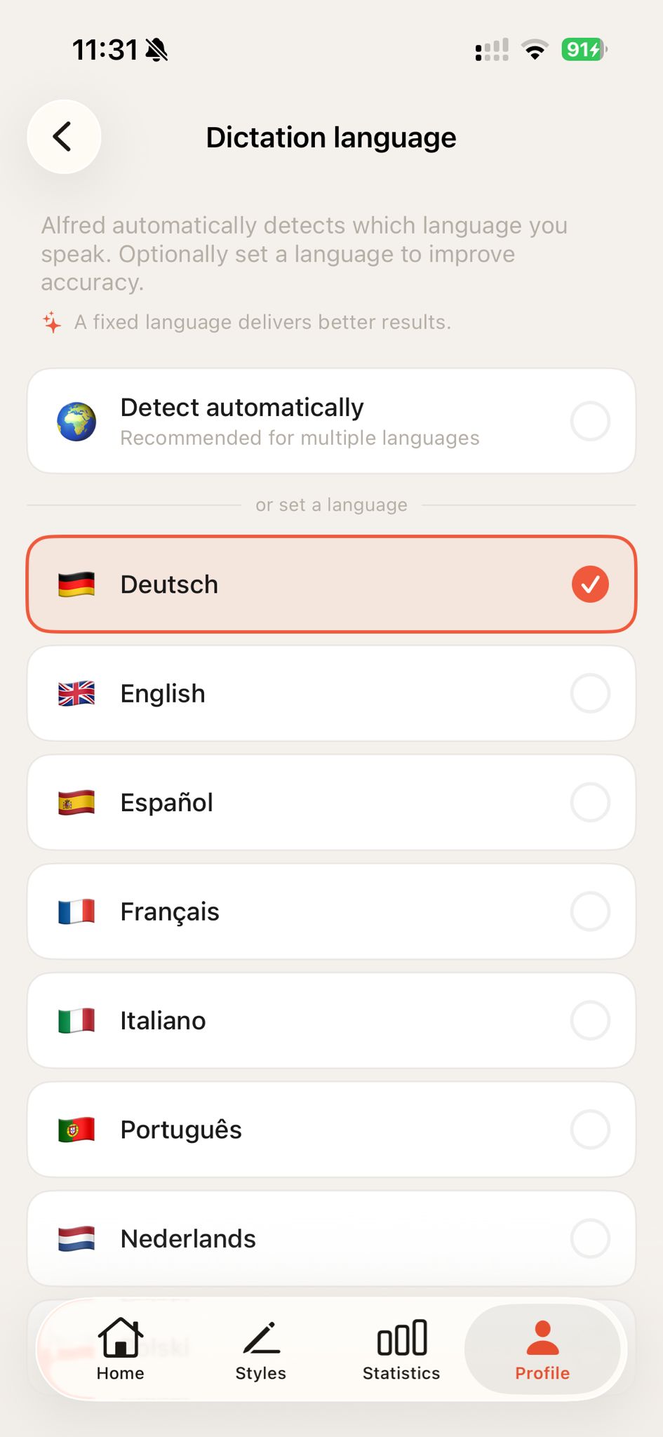 Dictation language: 8 languages to choose from