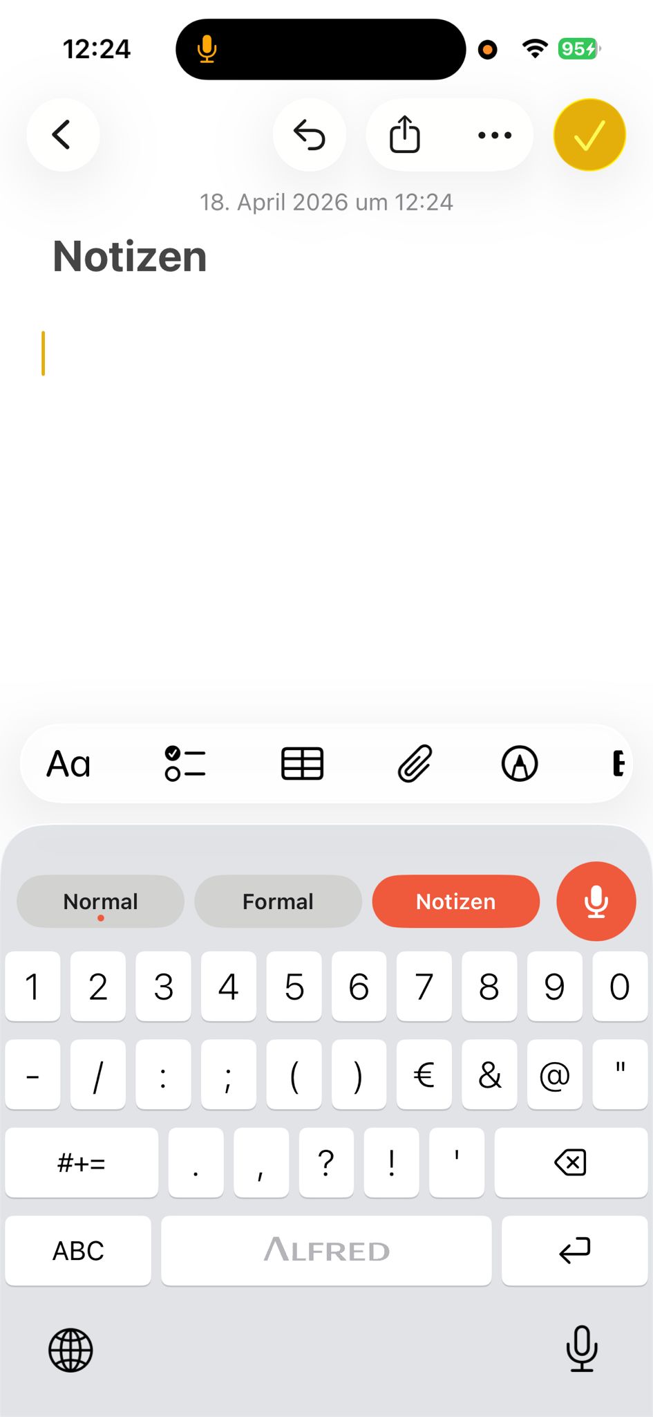 Alfred-Tastatur mit Schreibstilen in der Notizen-App