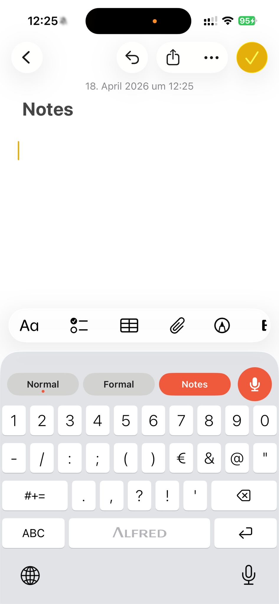 Alfred keyboard with writing styles in the Notes app