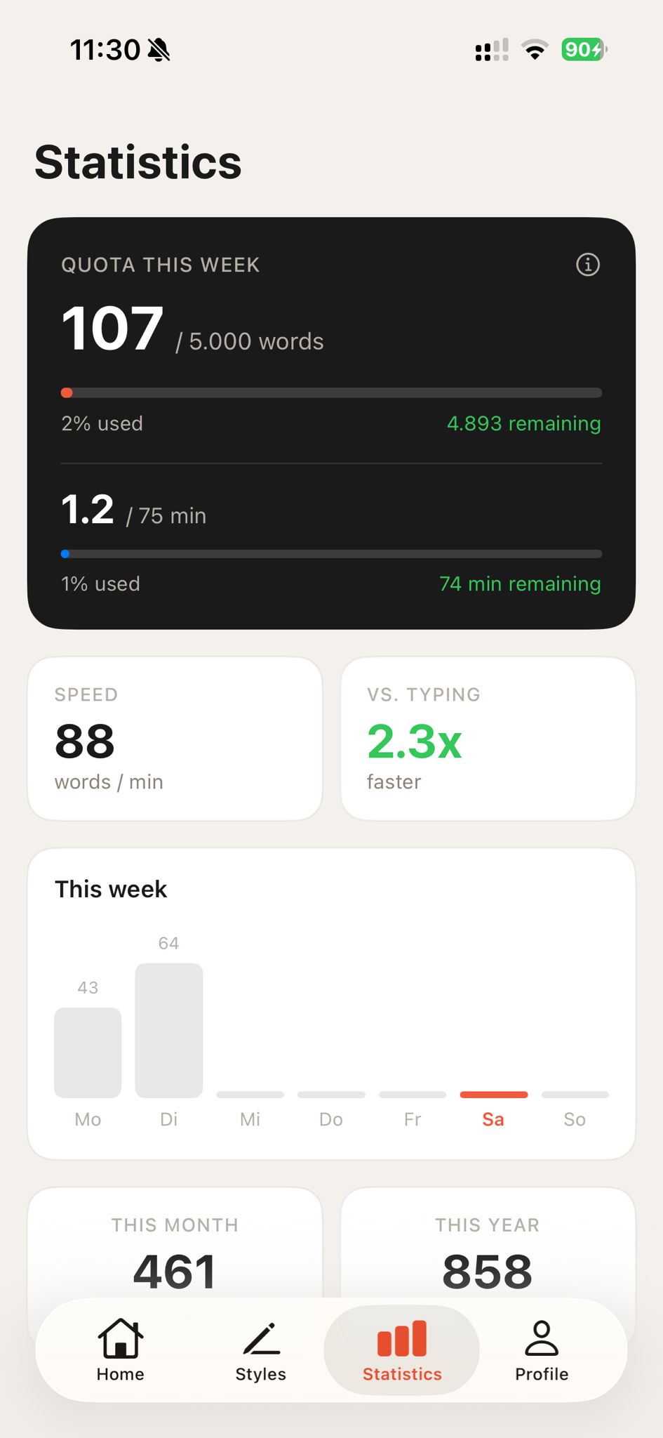 Statistics: quota, speed and weekly overview